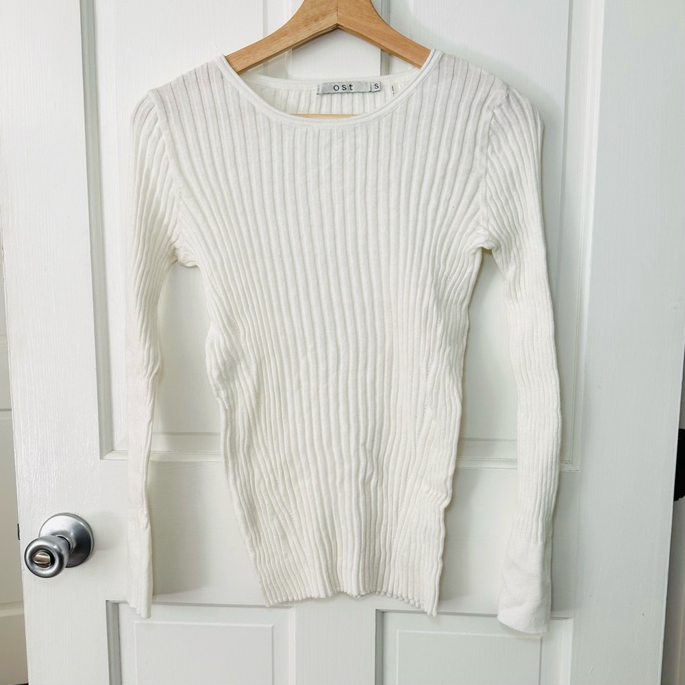 Ost Ivory Crewneck Cotton Cashmere Blend Ribbed Long Sleeve Sweater Size S
